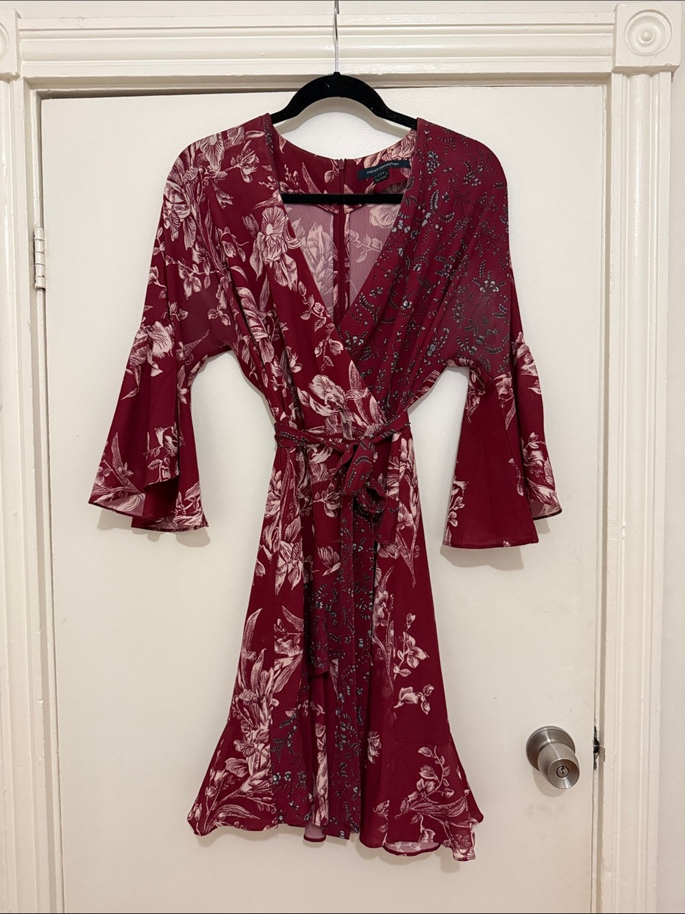 French Connection Burgundy Floral Wrap Dress with Tie Waist